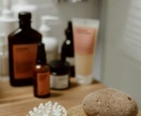 bathroom corner with cosmetics